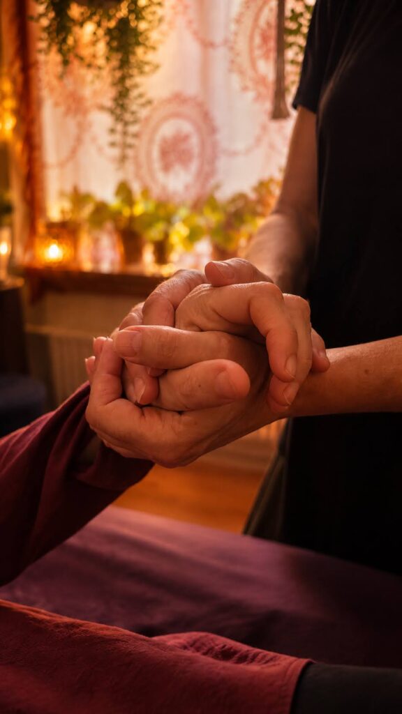 Monique houdt de hand van een cliënte vast tijdens een healing